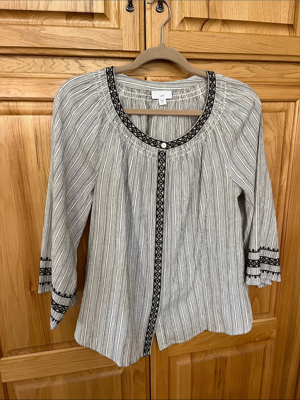 J.Jill White and Black Striped Peasant Tunic with Embroidered Trim